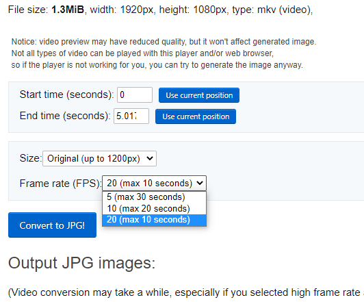 Ezgif Video to JPG Converter Interface