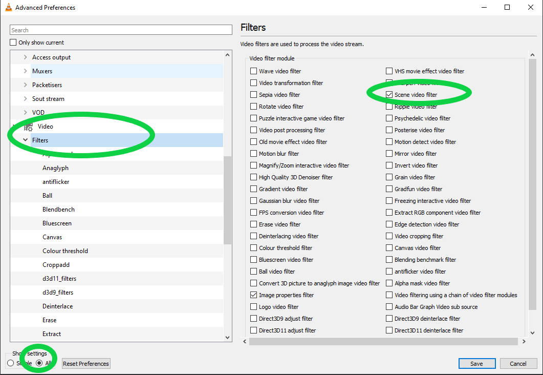 VLC Step 2: Scene Filter Settings